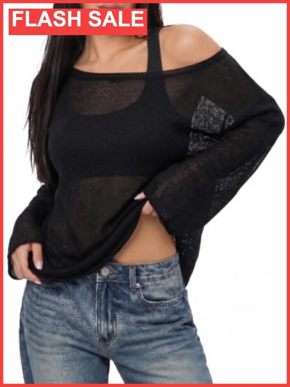 Sheer Off Shoulder Crochet Batwing Sweater Cover Up